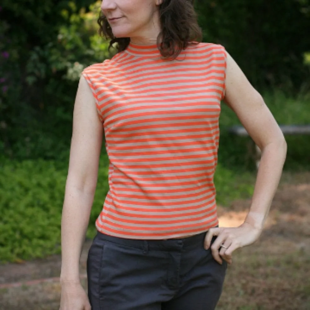 VINTAGE 1960s Women's Sleeveless Stretchy Striped Coral Orange Top - Picture 8 of 8